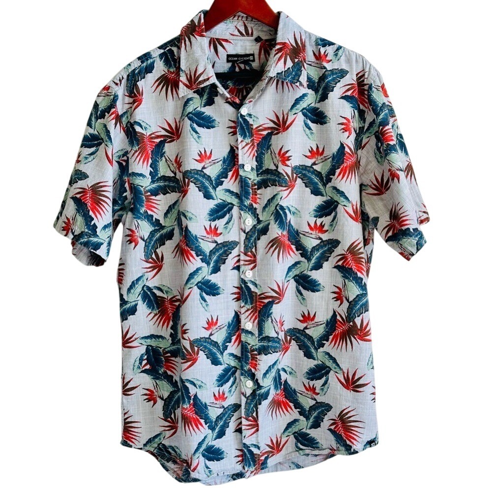 OCEAN CURRENT Gray Tropical Floral Cotton Button Down Short Sleeve Shirt Mens XL
